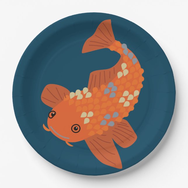 Assiettes En Carton Nage bleu marine et orange Koi Goldfish (Devant)