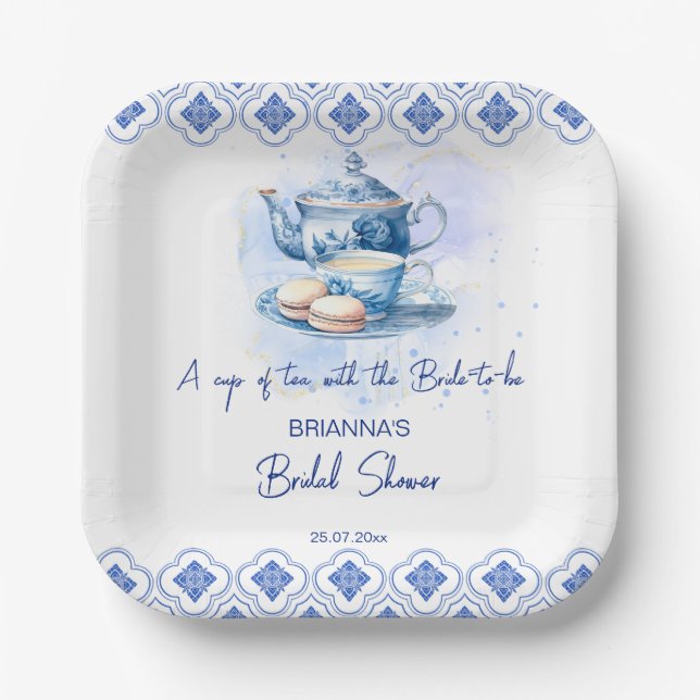 Assiettes En Carton Nage douche thé fête bleu tuiles thé pot (Recto)
