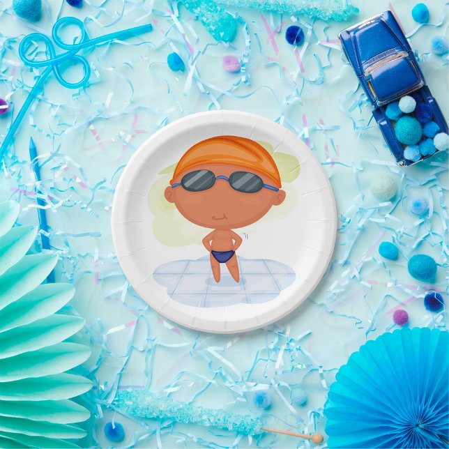 Assiettes En Carton Nager Garçon en lunettes et Casquette de natation (Créateur téléchargé)