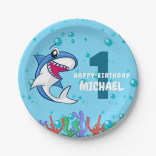 Assiettes En Carton Naissance du requin Premier Anniversaire Ocean Kid