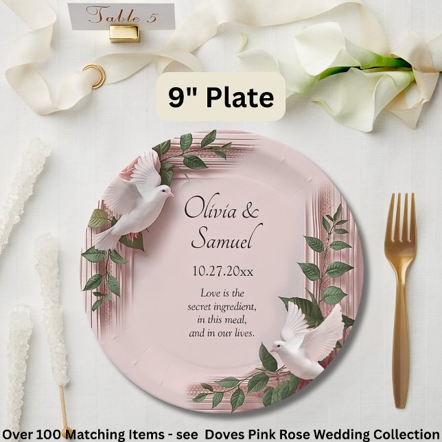 Assiettes En Carton Names Date Message Pink Roses & Doves Wedding 9" (Créateur téléchargé)