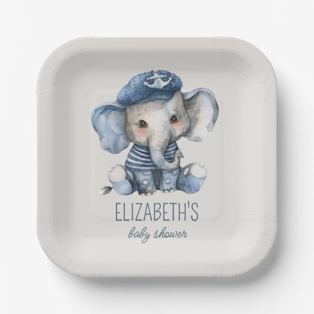Assiettes En Carton Nautical Blue Baby Elephant Baby Shower (Recto)