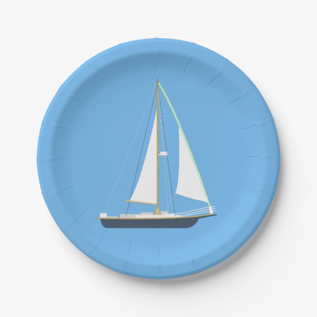 Assiettes En Carton Nautical Blue Sailboat - Mariage Party Beach Océan (Devant)