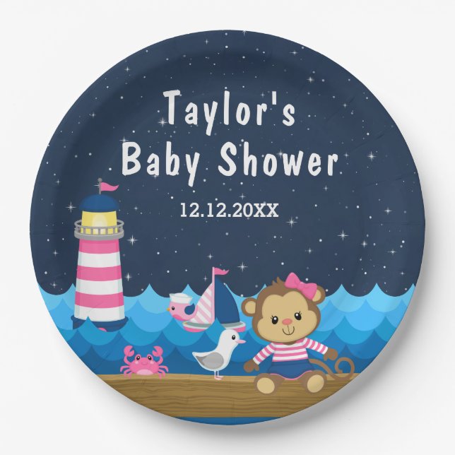 Assiettes En Carton Nautical Girl Singe rose et Baby shower de marine (Devant)