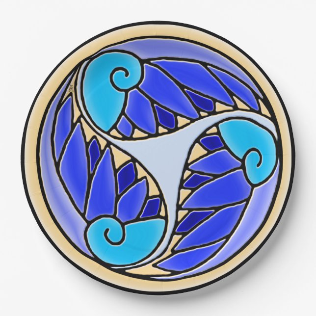 Assiettes En Carton Nautilus et Feuilles de palme - 3 Blues, Jaune, No (Devant)