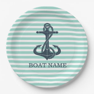 Assiettes En Carton Nautique, Ancre, Bandes vertes à la menthe