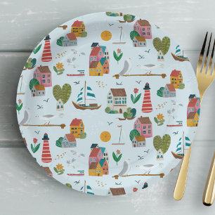 Assiettes En Carton Nautique bleu clair motif garçon baby shower fête