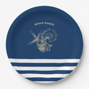 Assiettes En Carton Nautique, Coquillages dorés Rayures bleu marine