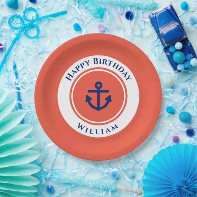 Assiettes En Carton Nautique Marine Bleu Orange Blanc Anniversaire (Fête)