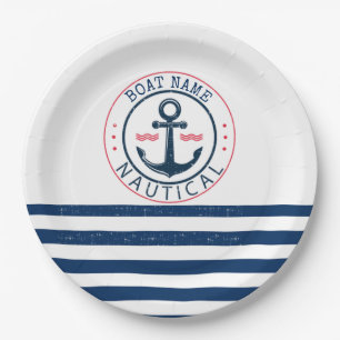 Assiettes En Carton Nautique, nom de bateau, ancrage bleu marine rayé