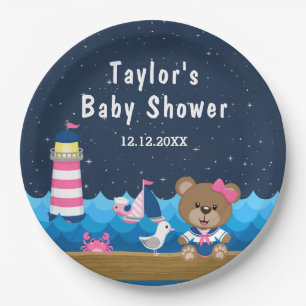 Assiettes En Carton Nautique ours rose et Baby shower de marine