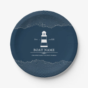 Assiettes En Carton Nautique Personnalisé phare bleu Nom du bateau
