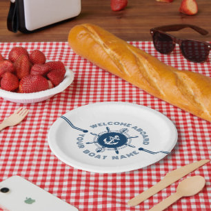 Assiettes En Carton Navire bleu et blanc blanc et ancre 2