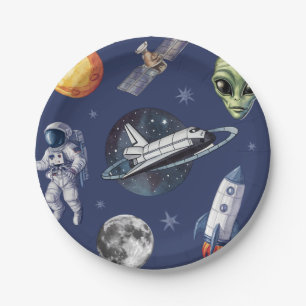 Assiettes En Carton Navire Fusée Moderne Espace Planète Anniversaire o