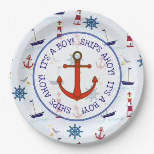Assiettes En Carton Navires Ahoy C'est un garçon, Baby shower océaniqu