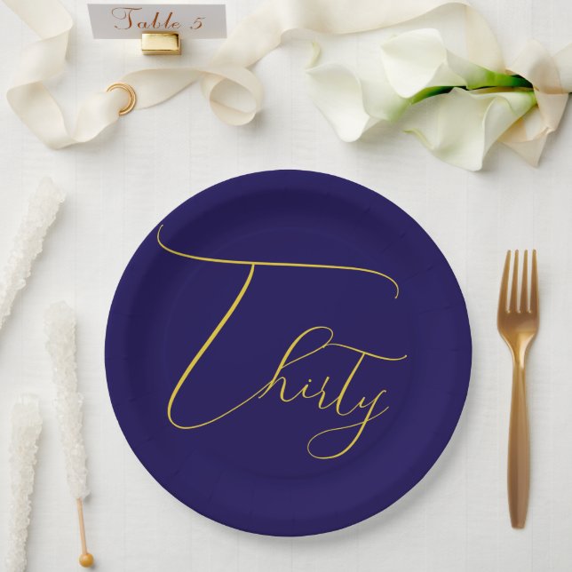 Assiettes En Carton Navy Blue & Faux Gold Foil 30th Birthday  (Mariage)