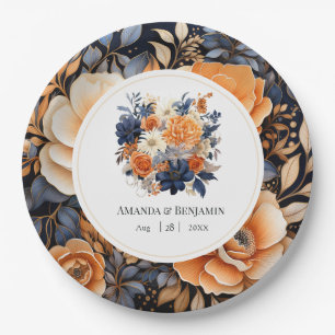 Assiettes En Carton Navy Blue, Orange Brûlé et Champagne Floral Mariag