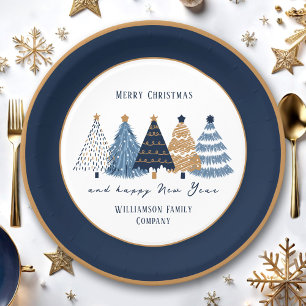 Assiettes En Carton Navy Blue Trees Nom du texte Fêtes de Noël moderne