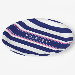 Assiettes En Carton Navy Blue Wht Horiz Stripe Hot Pink Nom Monogramme