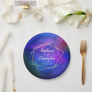 Assiettes En Carton Nebula violette Art Celestial Mariage d'or géométr