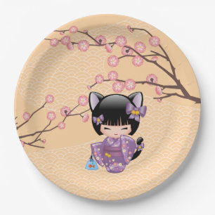 Assiettes En Carton Neko Kokeshi Poupée - Cat Ears Geisha Girl