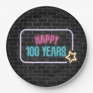 Assiettes En Carton Neon 100th Birthday Marquee On Brick Paper Plate