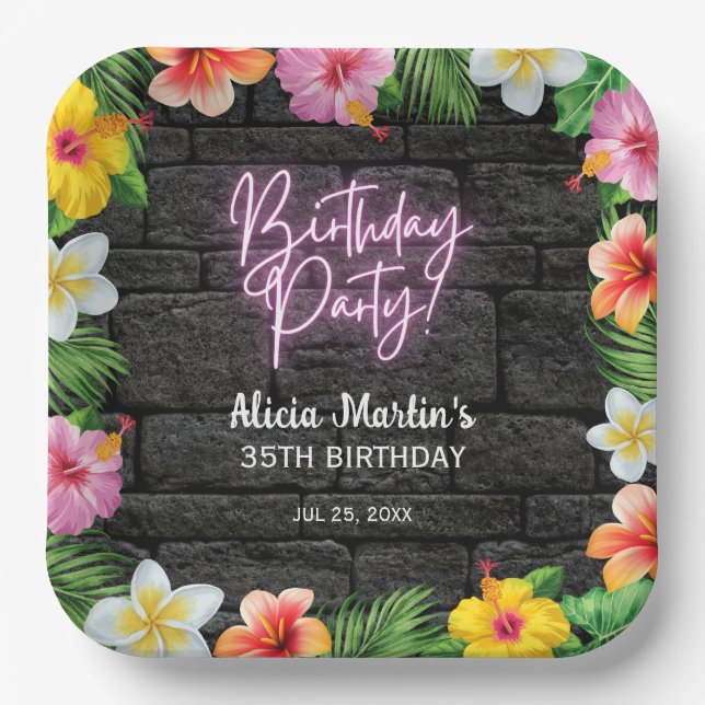 Assiettes En Carton Neon Forêt Tropicale Été Hawaii fête d'anniversair (Recto)