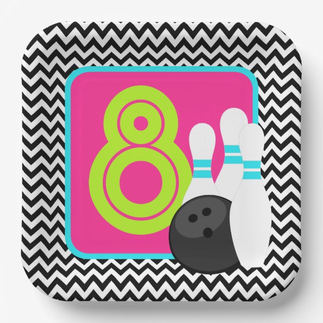 Assiettes En Carton Neon Girl Chevron Bowling Plaques de papier d'anni (Recto)