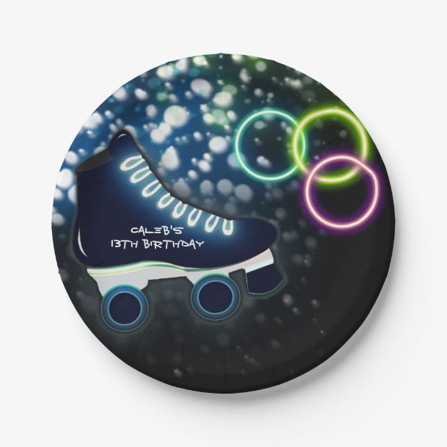 Assiettes En Carton Neon Glow Skate Blue Anniversaire Patinage de fête (Devant)