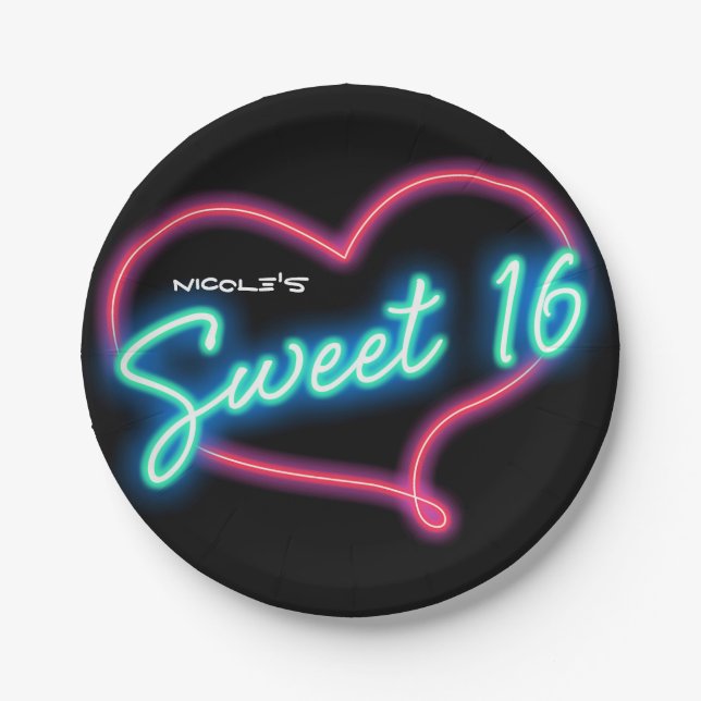 Assiettes En Carton Neon Glow SWEET 16 Coeur fête d'anniversaire (Devant)