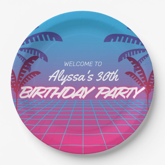 Assiettes En Carton Neon Pink Blue Retro 80s Thématique Anniversaire F (Devant)