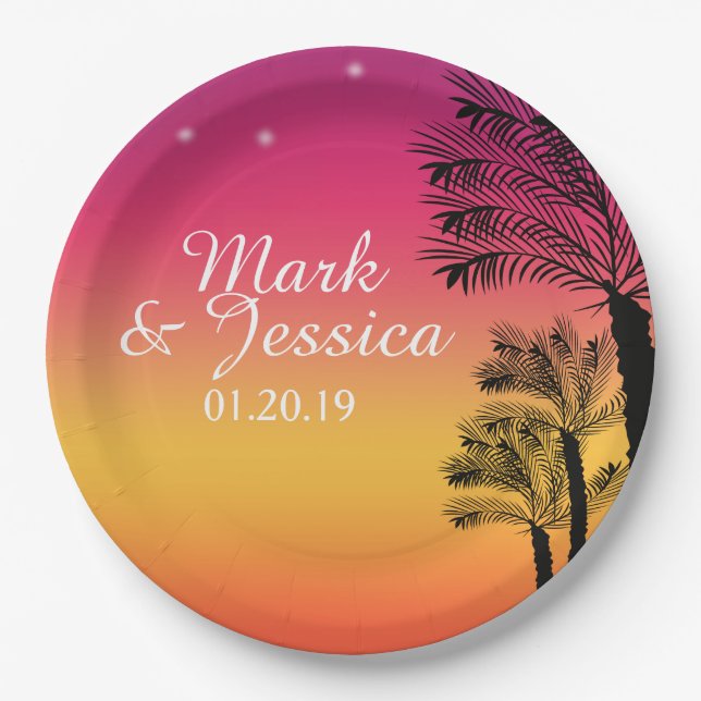 Assiettes En Carton Neon Pink Ombre Tropical Tree Sunset Beach (Devant)