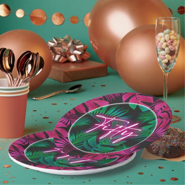 Assiettes En Carton Neon Pink Tropical 50e anniversaire (Multi)