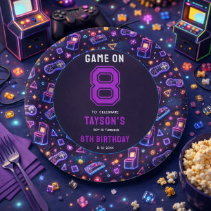 Assiettes En Carton Néon Rétro Arcade Jeux Anniversaire 8 Ans