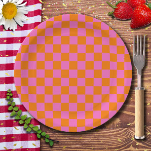 Assiettes En Carton Neon rose Orange À damiers damier Vintage