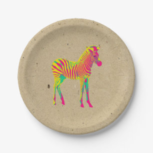 Assiettes En Carton Neon Zebra Baby Animal Psychedelic Funky Retro