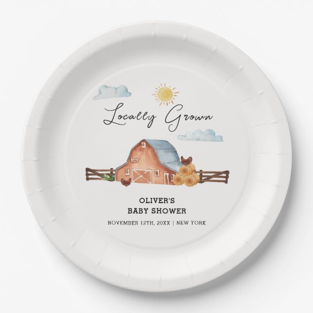 Assiettes En Carton Neutre Cultivé localement Baby shower de ferme (Devant)