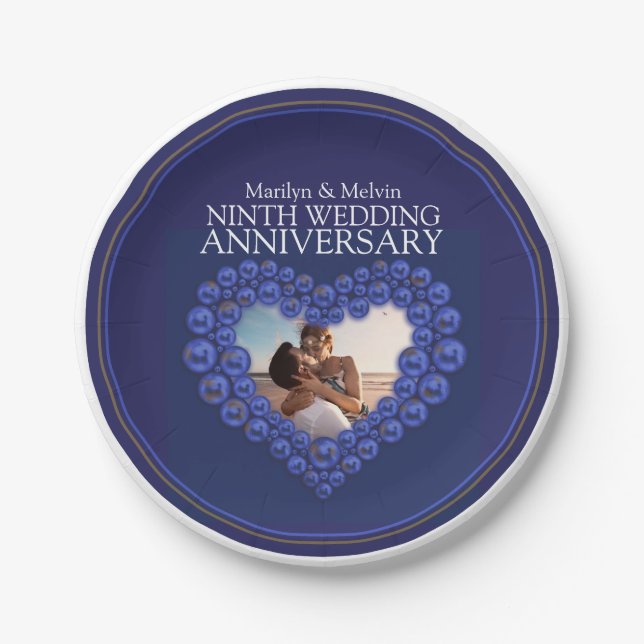 Assiettes En Carton Neuvième anniversaire mariage coeur perle Lapis La (Devant)