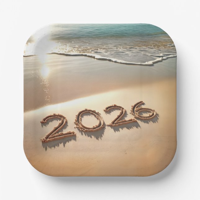 Assiettes En Carton New Year 2026 In Beach Sand (Recto)