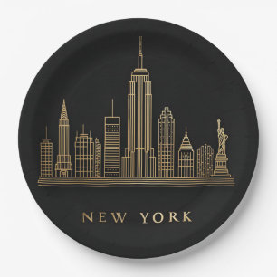 Assiettes En Carton New York Skyline Gold Line Art