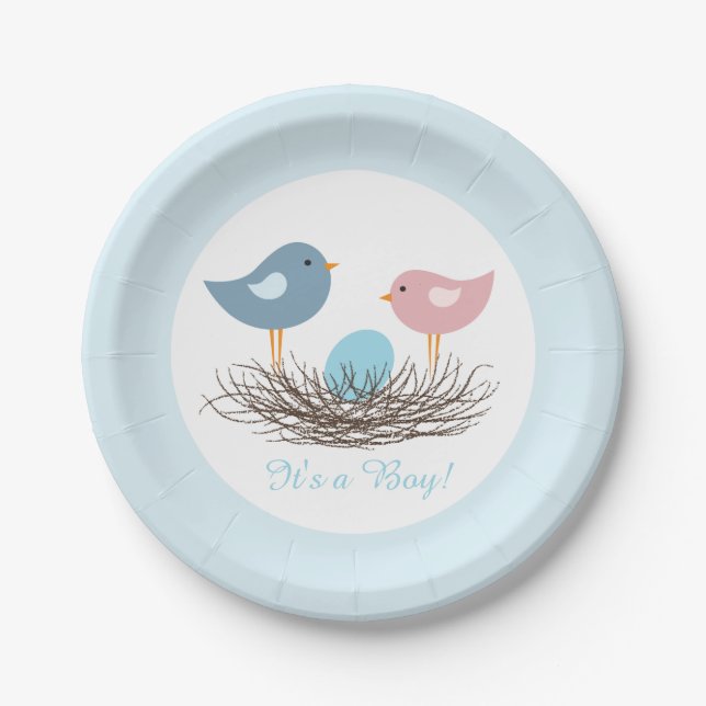 Assiettes En Carton Nid d'oiseau de bébé garçon | Baby shower (Devant)