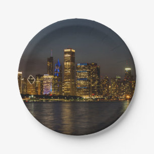 Assiettes En Carton Night Skyline Chicago Pano