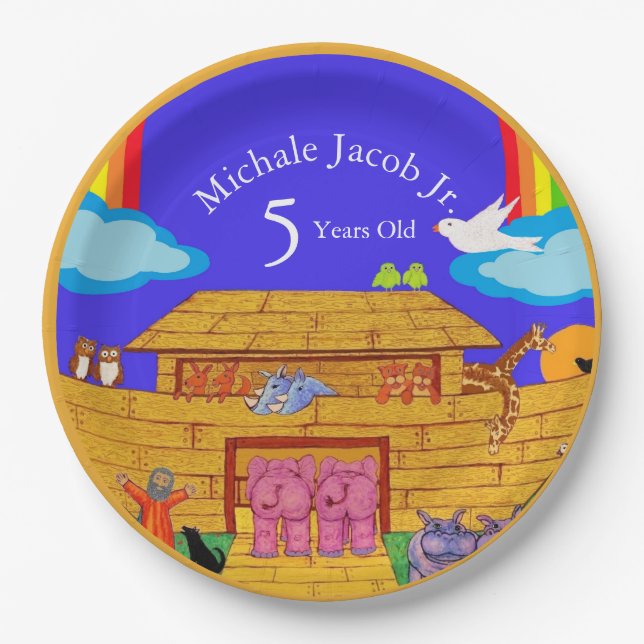 Assiettes En Carton Noah's Ark Birthday Party Rainbow Elephant (Devant)