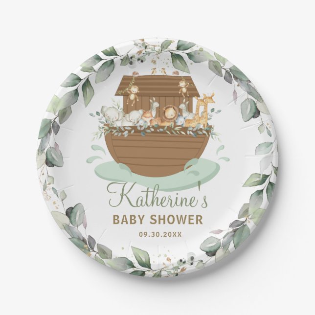Assiettes En Carton Noah's Ark Greenery Baby shower Anniversaire Baptê (Devant)