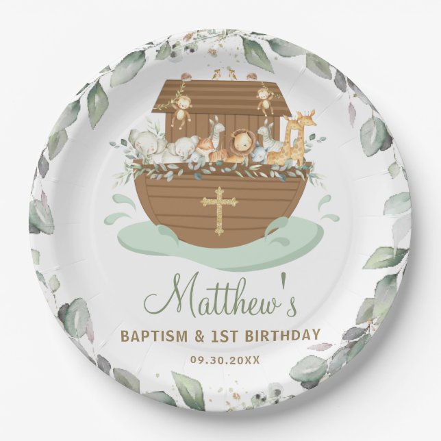 Assiettes En Carton Noah's Ark Greenery Baptême Noël Anniversaire (Devant)