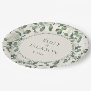 Assiettes En Carton Noces Crème Feuilles d'Eucalyptus Vert Sauge