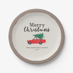 Assiettes En Carton Noël agricole   Arbre frais coupé en voiture