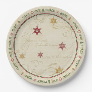 Assiettes En Carton Noël Amour Joie Paix Typographie Or Flocon de neig
