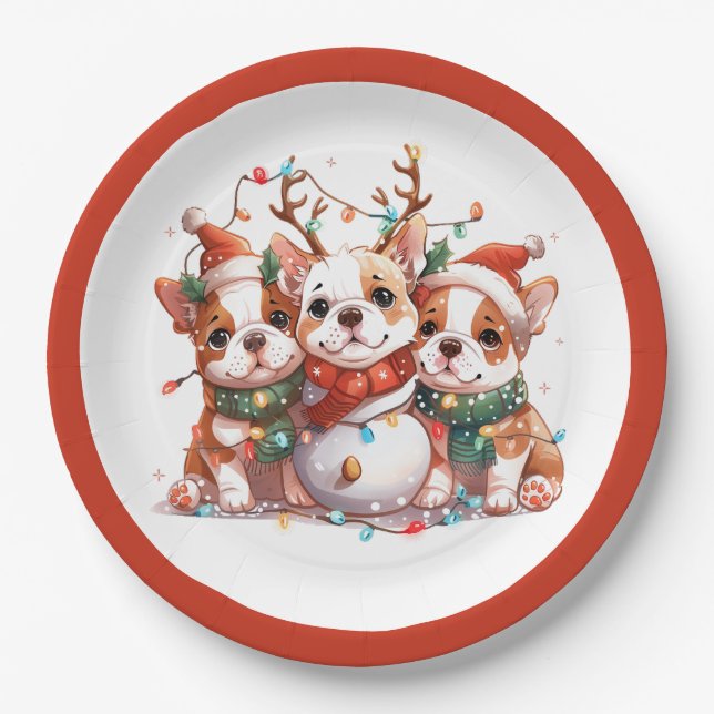 Assiettes En Carton Noël anglais Bulldog Reindeer Père Noël (Devant)