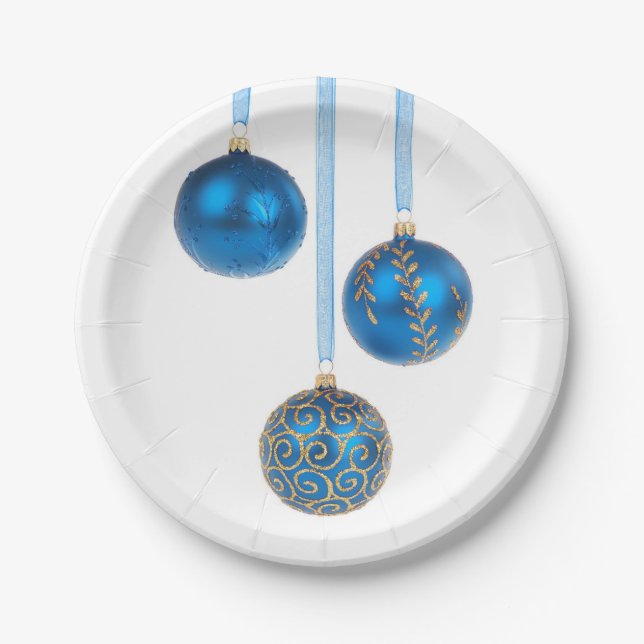 Assiettes En Carton Noël bleu de boule ornemente la plaque à papier de (Devant)
